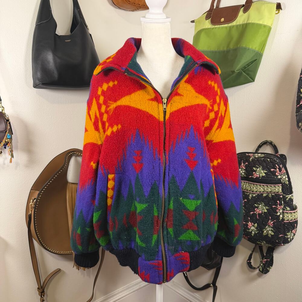 Vintage Circa 90s Gallery Southwestern Aztec Blanket Bomber Jacket Red Purple L